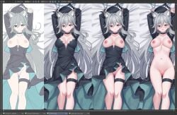 animal_ear_fluff animal_ears black_dress blue_archive blue_eyes blush cat_girl cross_hair_ornament dress female grey_hair hair_between_eyes hair_ornament long_hair looking_at_viewer multiple_views navel nipples nude open_clothes open_dress open_mouth pussy shiroko_(blue_archive) shiroko_terror_(blue_archive) sidelocks t1kosewad thigh_strap wolf_ears wolf_girl