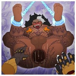 2boys anus ass asshole balls bandana bara beard big_ass big_balls big_butt big_pecs big_penis black_hair blush body_modification chained chained_ankles chains doomfist ear_piercing earrings feet feet_above_head feet_up fist fisting gauntlet gay male/male mauga nu_nudo_do overwatch overwatch_2 presenting stretched_anus stretching stretching_anus tattoo tattoo_on_arm tattoo_on_butt tattoo_on_chest tattoo_on_legs tattooed_arm tattoos white_hair_streak yaoi