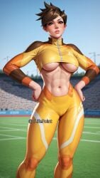 1lifepoint abs ai_generated big_breasts brown_eyes brown_hair busty cameltoe hands_on_hips highres leggings long_sleeves looking_at_viewer overwatch overwatch_2 skinny thin_waist tight_clothing tight_pants tracer underboob