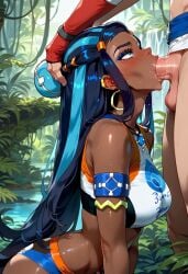 1boy1girl ai_generated black_hair blowjob curvy dark-skinned_female face_fucking fellatio jungle long_hair mixoai naughty_face nessa_(pokemon) patreon pokemon side_views