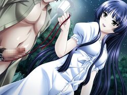 1boy akino_shin black_hair blue_hair bondage censored clothing collar dress erection female femdom game_cg leash leashed_to_genitals long_hair looking_back malesub mizushiro_takuya onedari_shinasai_onii-sama open_mouth open_shirt outside penis short_hair sky slave smile stars teeth tongue walking