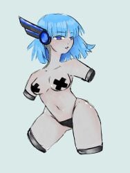 1girls amputee android blue_eyes blue_hair covered_nipples female female_only grey_skin helpless helpless_female quadruple_amputee