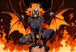 1girls afrit ai_generated black_sclera black_skin breasts claws cracked_body cracked_skin cracks cracks_in_body crystal crystal_horn demon demon_girl female fire fire_elemental fire_girl fire_hair fire_pubes flaming_hair gem gem_eyes horns ifrit imp ingrid_(paigen) large_breasts looking_at_viewer monster_girl nipples on_fire orange_hair orange_tongue original original_character paigen pixel_art pointy_ears pubes pussy red_hair sharp_nails sharp_teeth sharp_toenails short_hair talons two-tone_hair white_eyes wings