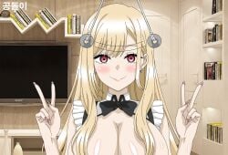 1girls blonde_hair blush bow breasts cleavage coin coin_on_string double_v female gyaru hypnosis kitagawa_marin kmoos large_breasts long_hair looking_at_viewer maid maid_uniform pink_eyes shiny_skin solo sono_bisque_doll_wa_koi_wo_suru tv v