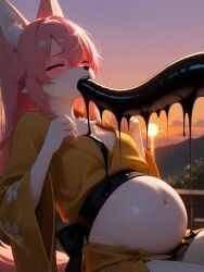 ai_generated ai_generated_video ai_slop ai_video animated anthro cumflation female force_feeding forced_oral fox_ears fox_girl furry grok inflation japanese_clothes kitsune pink_hair shorter_than_10_seconds slime_inflation small_breasts sound sunset tagme tentacle tentacle_in_mouth video yellow_eyes