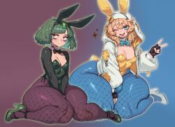 2girls 30bagsofballs ai_generated animal_ears big_ass black_gloves bow bowtie breasts bridget bunny_ears bunny_girl bunny_tail bunnysuit cleavage delilah_(guilty_gear) detached_collar fake_animal_ears fishnet_legwear fishnets gloves green_hair guilty_gear guilty_gear_strive halftone halftone_background high_heels hood huge_ass leotard looking_at_viewer medium_breasts multiple_girls one_eye_closed open_mouth pantyhose red_eyes short_hair smile strapless tail thick_thighs thighs