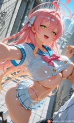 tgv9173 ai_generated pixiv_sample pixiv_link commission commissions_open patreon sample alternate_breast_size alternate_breast_size_(larger) self_upload highres exhibitionism hanako_(blue_archive) blue_archive corruption alternate_costume prostitution 1girl breasts bow skirt green_eyes braid pink_hair large_breasts 1boy smile long_hair looking_at_viewer hair_bow open_mouth bangs thighhighs halo blush sailor_collar ahoge short_sleeves panties hetero underwear ass bowtie thong pleated_skirt solo_focus crop_top school_uniform outdoors highleg shirt white_skirt pink_bow wet white_shirt areola_slip grabbing highleg_panties see-through shoes side_braid day breast_grab :d pink_panties sweat white_bow navel serafuku building hair_between_eyes skindentation no_bra thighs tongue single_braid wet_clothes blue_sailor_collar pink_bowtie gradient_hair outstretched_arm nipples midriff holding_hands black_footwear