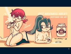 2girls :o :t blue_hair breasts clair_(pokemon) gym_leader human human_only kneehighs mattyburrito milk miltank moomoo_milk multiple_girls nintendo open_mouth panties pink_eyes pink_hair pokemon pokemon_gsc pokemon_hgss ponytail the_pose topless whitney_(pokemon)