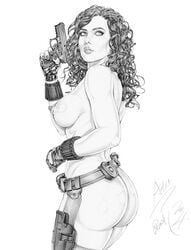 1girls actress armando_huerta ass avengers bare_shoulders belly belt black_widow_(marvel) breasts celebrity dat_ass eyelashes female female_only fingerless_gloves gloves gun hips holding_gun holding_weapon human iron_man_2 large_breasts legs long_hair looking_at_viewer marvel marvel_cinematic_universe marvel_comics monochrome natasha_romanoff navel nipples pussy scarlett_johansson sideboob solo standing tagme thighs topless vagina weapon