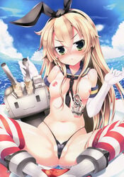 >:< :3 absurdres anchor_hair_ornament blonde_hair blush breasts chestnut_mouth closed_mouth cloud day detached_collar elbow_gloves female g-string gloves green_eyes hair_ornament hair_ribbon highres innertube inuzumi_masaki kantai_collection long_hair looking_at_viewer nipples nose_blush number outdoors panties partially_visible_vulva rensouhou-chan ribbon sailor_collar shimakaze_(kantai_collection) small_breasts spread_legs striped striped_legwear thighhighs thong underwear water white_gloves