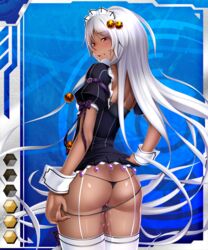 ass black_thong blush butt_crack dark-skinned_female dark_skin female garter_straps pussy_juice solo taimanin_asagi_battle_arena taimanin_asagi_battle_arena_all_card_gallery thighhighs thong white_hair yuliya_(taimanin_asagi) yulya yulya_(taimanin_asagi)