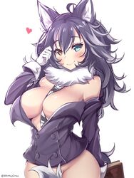 animal_ears bare_shoulders between_breasts between_legs black_hair black_necktie blue_eyes blush book bottomless breasts cleavage closed_mouth cowboy_shot female fur_collar grey_hair grey_wolf_(kemono_friends) hand_in_hair heart heterochromia highres kemono_friends kentchiro_souriyadeth large_breasts long_hair looking_at_viewer multicolored_hair necktie necktie_between_breasts notebook off_shoulder orange_eyes simple_background sketch smile solo tail tail_between_legs twitter_username two_tone_hair white_background wolf_ears wolf_tail