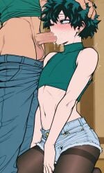 aged_up aged_up_character ai-created ai_generated blowjob blowjob_face boku_no_hero_academia crop_top cum cum_in_mouth cum_on_face cumshot cute_male dark-skinned_male denim_shorts drinking drinking_cum dripping_cum femboy femboy_focus femboysub feminization freckles fucking_mouth gay gay_sex green_eyes green_hair hand_on_head holding_leg huge_balls huge_cock izuku_midoriya male/male midoriya_izuku my_hero_academia on_knees piercing short_hair shorts simple_background submissive_male sucking sucking_penis thick_thighs thighhighs trembling twitching uncensored veiny_penis