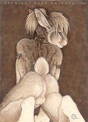 anthro anus armlet ass balls dark_natasha hair kneeling lagomorph looking_at_viewer looking_back male male_only mammal nude penis presenting presenting_hindquarters rabbit raised_tail rear_view simple_background smile solo solo_male tied_hair