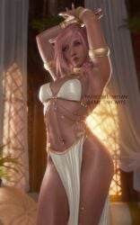 1girls 3d 3d_(artwork) 3d_model 3d_render arms_up belly_dancer belly_dancer_outfit blue_eyes curtains dancer dancer_outfit eclair_farron emy-san final_fantasy final_fantasy_xiii fit fit_female highres jewelry loincloth long_hair looking_at_viewer necklace no_panties pelvic_curtain pink_hair slave_girl slave_outfit teasing twitter_username white_bra white_skirt