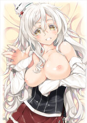 bare_shoulders bed_sheet blush breasts bustier female hat inuzumi_masaki kantai_collection large_breasts long_hair looking_at_viewer nipples pola_(kantai_collection) red_skirt skirt solo white_hair yellow_eyes