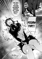 1girls 2koma blush bra bra_lift breasts english_text female floral_print floral_print_bra hand_between_legs head_back large_breasts myoung navel nipples one_breast_out open_mouth orgasm original original_character peegasm peeing print_bra skirt solo text turtleneck_lift