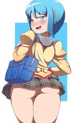 1girls ass bag blue_hair blush bottomless_skirt bubble_ass bubble_butt butt_crack clothed dat_ass eye_contact fat_ass female female_only from_behind going_commando inviting large_ass looking_at_viewer looking_back mahou_shoujo_madoka_magica miki_sayaka naughty naughty_face no_panties schoolgirl seductive skirt skirt_lift smug sweat tease teasing thick_thighs thighs upskirt wide_hips