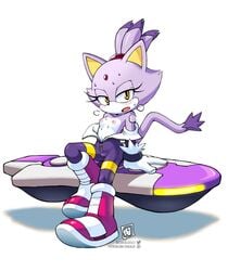 2017 anthro black_nose blaze_the_cat blush boots breasts cameltoe clothing coolblue english_text feline female footwear gloves nipples open_mouth ponytail purple_fur purple_hair solo sonic_(series) sonic_riders sweat topless video_games white_fur yellow_eyes