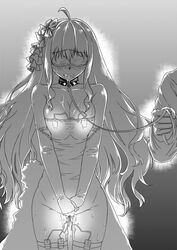 1boy ahoge ass_visible_through_thighs bare_shoulders blindfold blush breast_squeeze breasts cleavage clenched_teeth collar collarbone cowboy_shot dress drooling elbow_gloves female flower gloves glowing greyscale hair_between_eyes hair_flower hair_ornament hands_together kongou_(zhan_jian_shao_nyu) large_breasts leash long_hair monochrome nose_blush object_insertion pussy_juice see-through solo_focus sweat teeth thighhighs vaginal_object_insertion vaginal_penetration vibrator vibrator_in_thighhighs wedding_dress xiexilai zhan_jian_shao_nyu