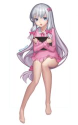 blue_eyes bow eromanga_sensei female female hair_ornament hairbow high_resolution izumi_sagiri long_hair looking_at_viewer pajamas panchira pantsu pink_pajamas silver_hair simple_background solo underwear very_high_resolution white_panties white_underwear