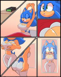 alarm_clock artist_request big_ass big_breasts blue_body blue_fur comic comic_page female female_focus female_only green_eyes holding_ass holding_breast mirror mirror_reflection morning rule_63 solo sonic_(series) sonic_the_hedgehog sonic_the_hedgehog_(series) sonique_the_hedgehog source_request stretching transfem transformation waking_up white_shorts white_topwear