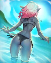 1girls ass ass_focus back back_to_viewer back_view beach bikini briar_(league_of_legends) cloud estyy female freckles grey_body grey_hair grey_skin league_of_legends multicolored_hair pink_hair sea seaside sharp_fingernails sharp_teeth short_hair sky swimsuit vampire water