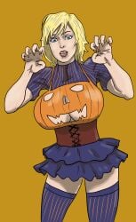 big_breasts blonde_female blonde_hair blue_eyes breasts cleavage cleavage_cutout corset dc dc_comics halloween huge_breasts karen_starr kryptonian large_breasts light-skinned_female light_skin lipstick nail_polish orange_lipstick orange_nails power_girl pumpkin revealing_clothes short_hair skirt thighhighs thighs turkenjamez tutu