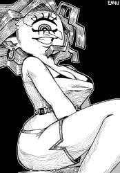 belt belt_buckle black_background breasts cleavage cyclops_girl cyclops_girl_(ennuikal) elf_ears ennuikalart face_tattoo hatching_(art) hatching_(texture) hoop_earrings monochrome monster_girl oc one_eye original original_character pale-skinned_female pale_skin ring_eyes short_shorts simple_background simple_shading sitting smiling tagme