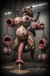 ai_generated ai anthro anthropomorphic futanari futa hyena hyena_ears hyena_tail anthro_only solo grotesque disgusting bizarre tumor destroyed_cock destroyed_penis piercings piercing pierced_nipples liquid juices chained chains bdsm extreme perversion demented balls testicles furry massive_cock tumors cancer pregnant_female pregnant pregnant_belly big_breasts massive_breasts torture tortured torturing ai_slop horror mess dirty paws holes wtf wtf_is_this open_mouth mouth_open tongue sharp_teeth tongue_out prolapsed