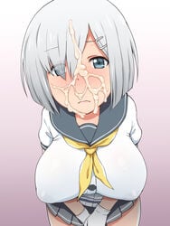 blue_eyes blush breasts closed_mouth cum cum_on_hair elf_k embarrassed eyebrows eyebrows_visible_through_hair facial female full-face_blush gloves hair_over_one_eye hamakaze_(kantai_collection) hands_together highres kantai_collection large_breasts legs looking_at_viewer nipple_bulge nipples school_uniform short_hair silver_hair simple_background skirt solo thighs white_gloves white_hair