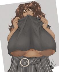 areolar_amelanism areolar_melanosis b1gtitbabe belly_button big_breasts biting_shirt black_body black_framed_eyewear breasts breasts_apart brown_eyes brown_hair chubby chubby_female cleavage curly_hair dullvivid female female_focus female_only glasses huge_breasts hyper_breasts large_shirt mostly_clothed nipples saggy_boobs saggy_breasts shirt_lift signature smile striped_skirt tagme thick_thighs wide_hips