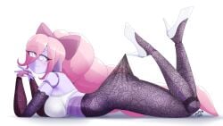 artist_signature black_lace black_lace_pantyhose black_pantyhose blue_eyes gynoid hair_ribbon hairbow high_heels lace_pantyhose lace_pantyhose_hooked_on_heel_(meme) meme pink_hair robot_girl sheer_clothing sheer_legwear smile socket_(zedrin) tagme white_bra white_shoes zedrin