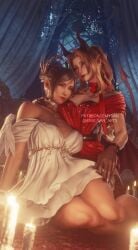 2girls 3d 3d_(artwork) 3d_model 3d_render aerith_gainsborough angel angel_costume angel_wings black_hair brown_hair candle candles choker cleavage costume devil devil_costume devil_horns devil_tail dress emy-san final_fantasy final_fantasy_vii final_fantasy_vii_rebirth final_fantasy_vii_remake fit gloves green_eyes hair_ornament halloween hand_on_leg hand_on_neck highres horns laying_on_floor long_hair looking_at_viewer painted_nails patreon_username posing_for_the_viewer red_dress red_eyes sitting sitting_on_floor tail tifa_lockhart touching_leg twitter_username white_dress