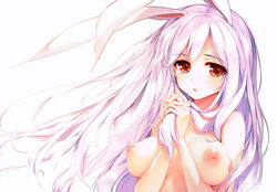 absurdres animal_ears breasts bunny_ears female hands_together highres ke-ta large_breasts long_hair nipples nude open_mouth purple_hair red_eyes reisen_udongein_inaba scan simple_background solo tareme touhou upper_body white_background