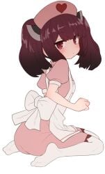 1_girl ass back_bow blush bow brown_hair dress expressionless feet full_body hat heart looking_at_viewer looking_back looking_down mandarin_collar nurse nurse_cap pink_dress pink_trim puffy_short_sleeves puffy_sleeves soles sumiyao_(amam) touhoku_kiritan voiceroid