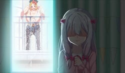 1boy 2girls balcony barefoot blonde_hair breasts clothed_sex crying cuckquean cum cum_in_pussy cum_inside double_v ejaculation eromanga_sensei feet female_ejaculation female_orgasm held_up izumi_sagiri long_hair multiple_girls netorare nipples nude public_sex pussy_juice pussy_juice_splatter railing sex silver_hair slq small_breasts soles squirting toes v v_over_eye vaginal_penetration window yamada_elf yutsuki_ryou