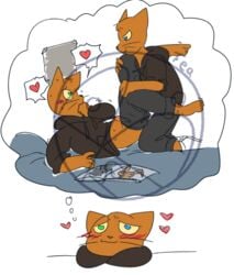 anthro bed blush casey_(nitw) clone daydream distracting_watermark erection feline fur furry imagining male mammal mostly_clothed night_in_the_woods orange_fur penis selfcest shaking sinfullysweet-tea square_crossover watermark what yaoi