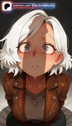 1girls 2026 ai_generated artist_name blush breasts brown_jacket bust capcom chest electroworld female grace_ashcroft grey_eyes hi_res high_quality high_resolution highres jacket patreon patreon_username resident_evil resident_evil_9:_requiem short_hair solo stable_diffusion watermark white_hair