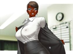 1girls clothed clothing earrings female ganguro gyaru gyaru_gal huge_breasts large_breasts nipple_bulge office office_lady taking_clothes_off tan_body tan_skin white_shirt