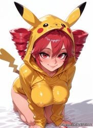 2025 ahoge ai_generated all_fours animal_tail anime bangs barefoot bed_sheet blush breasts cleavage closed_mouth cosplay covered_nipples crossover drill_hair eye_contact eyelashes female female_focus flushed hair_between_eyes highres hood hoodie huge_breasts kasane_teto large_breasts long_sleeves looking_at_viewer nail_polish neutral_expression nsfw patreon patreon_username pikachu red_eyes red_hair red_nails rognezart smile smiling solo tail twin_drills twintails vocaloid web_address white_background