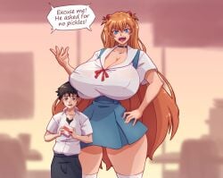 1boy 1girls alternate_body_type alternate_breast_size amazon asuka_langley_sohryu big_breasts blue_eyes blush breasts burger choker cleavage clothing color curvy eating eating_burger eating_food erect_nipples erect_nipples_under_clothes eyebrows_visible_through_hair female food giantess he_asked_for_no_pickles height_difference holding holding_burger holding_food holding_object huge_breasts large_breasts large_female larger_female long_hair looking_at_viewer male meme mini_giantess n647 neon_genesis_evangelion nipple_bulge nipples nipples_visible_through_clothing orange_hair panties shinji_ikari shirt shorts size_difference smaller_male smile smiling soda stockings surprised tall tall_female taller_female thick_thighs thigh_gap thighhighs thin_waist very_long_hair voluptuous wide_hips