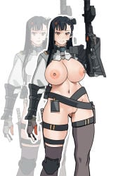 girls'_frontline girls'_frontline_2:_exilium qbz-191_(girls'_frontline) qiongjiu_(girls'_frontline_2) third-party_edit edited alternate_breast_size 1girls female female_only black_hair long_hair gun weapon holding_weapon shrug_(clothing) orange_eyes frown closed_mouth navel breasts breasts_out big_breasts large_breasts huge_breasts nipples thighhighs feet_out_of_frame bottomless pussy
