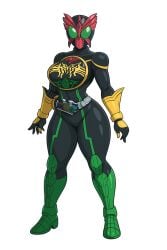1girls ai_generated armor armored_female belt bodysuit breasts eagle female female_focus female_only genderswap_(mtf) grasshopper green_armor green_eyes hawk helmet kamen_rider kamen_rider_ooo kamen_rider_ooo_(series) mask masked masked_female no_sex pinup red_armor rule_63 solo source_request thighs tiger white_background yellow_armor