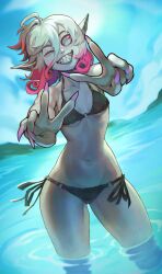 1girls beach bikini briar_(league_of_legends) cloud estyy female freckles grey_body grey_eyes grey_hair grey_skin grin league_of_legends looking_at_viewer multicolored_hair peace_sign pink_eyes pink_hair sea seaside sharp_fingernails sharp_teeth sky small_breasts smile swimsuit vampire water wink winking_at_viewer