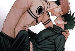2boys black_hair clothing domination fushiguro_megumi fushirun_rung hand_around_neck jujutsu_kaisen male_only muscular pink_hair ryoumen_sukuna_(jujutsu_kaisen) tattoo tears yaoi