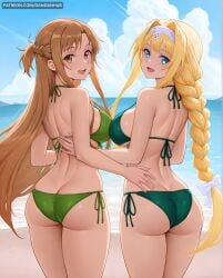 2girls :d ai_generated alice_zuberg ass asuna_(sao) back bangs bare_arms bare_shoulders beach bikini blonde_hair blue_eyes blue_sky blush braid braided_ponytail breasts brown_eyes brown_hair butt_crack cloud dandanhub day female female_only from_behind green_bikini hair_intakes hairband halterneck large_breasts long_hair looking_at_viewer looking_back multiple_girls ocean open_mouth outdoors side-tie_bikini_bottom sidelocks single_braid sky smile string_bikini swimsuit sword_art_online sword_art_online:_alicization thighs very_long_hair water white_hairband yuuki_asuna