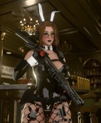 life_is_strange life_is_strange:_double_exposure max_caulfield max_caulfield_(double_exposure) skyebunny 1girls shotgun shotgun_shell brown_hair clothed_female female female_only gun latex bunny_ears bunnysuit rubber shiny_clothes tactical_gear fishnets glasses round_glasses headgear black_lipstick 3d blender hi_res high_resolution