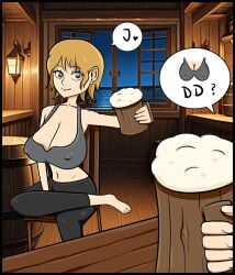beer big_breasts breast_size_talk breasts breasts_bigger_than_head cartoony casual cleavage cup cup_size drinking emotionless feet female female_only fully_clothed huge_breasts indoors j_cup large_breasts leggings looking_at_viewer massive_breasts measurements measuring_breasts nami_(one_piece) night one_piece pov short_hair size_play size_talk sussychan talking_to_another tank_top text unbothered