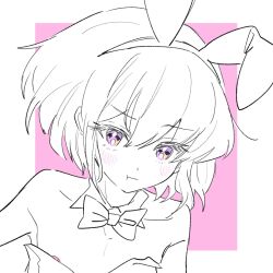1boy androgynous blush blushing blushing_at_viewer bob_cut bunny_ears bunnysuit crossdressing embarrassed femboy femboy_only lio_fotia looking_at_viewer monochrome nipples petite petite_body petite_male pout pouting promare short_hair solo twink